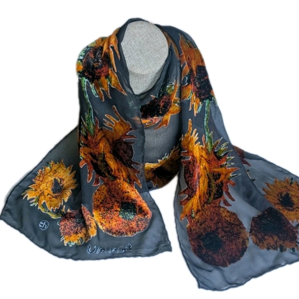 Vintage Sunflower Velvet Burnout Hand Rolled Rectangle Scarf 12x60" Fall Van Goh